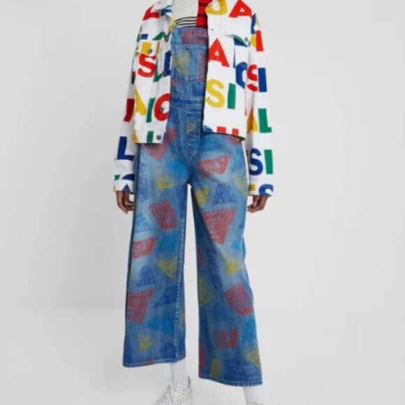 Desigual Multicolor Logo Print White Denim Jean Jacket L Graphic Button Front - Picture 14 of 16